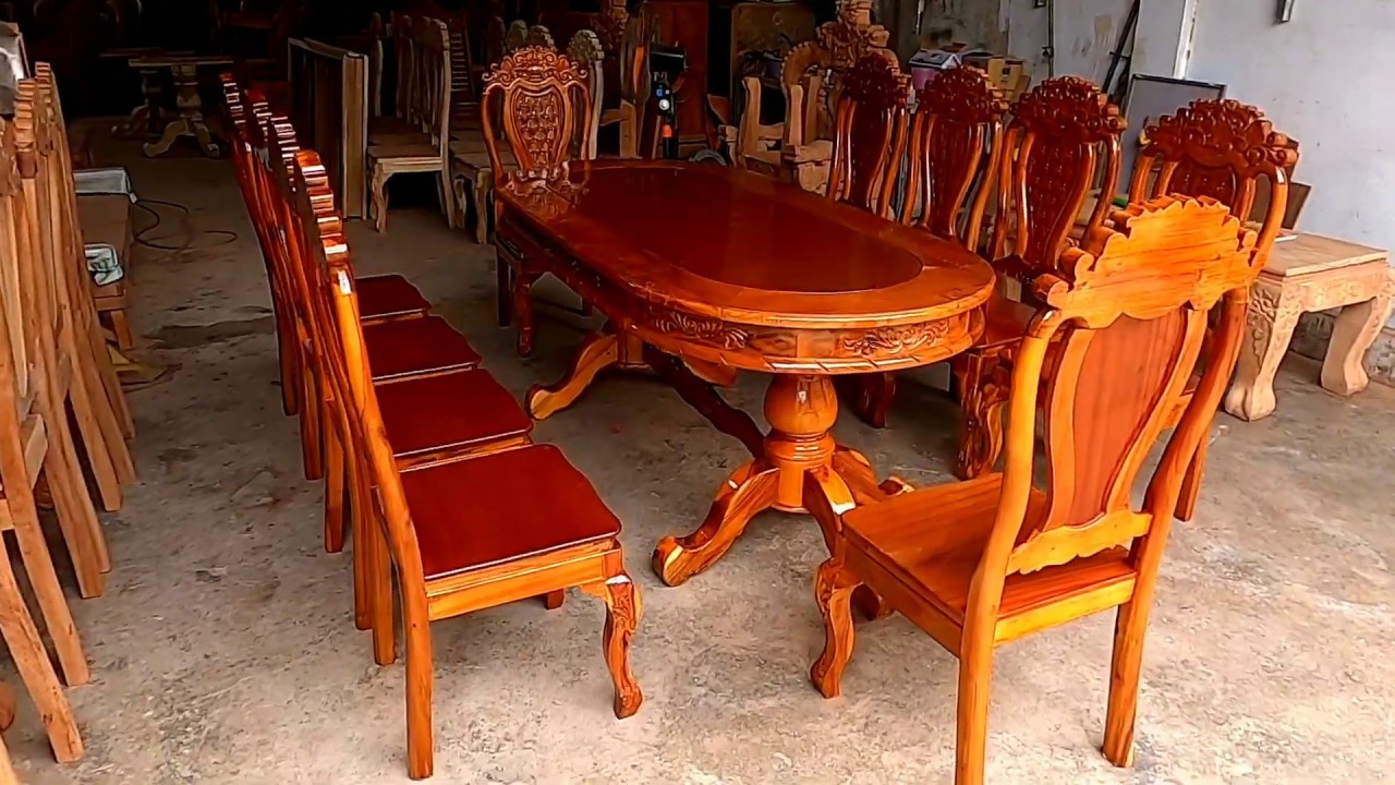 B&agrave;n ăn gỗ tr&agrave;m 10 ghế gi&aacute; rẻ mẫu ovanl .