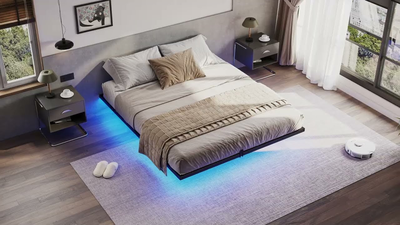 Sikaic Metal Floating Bed Frame With LED Lights No Headboard Black
