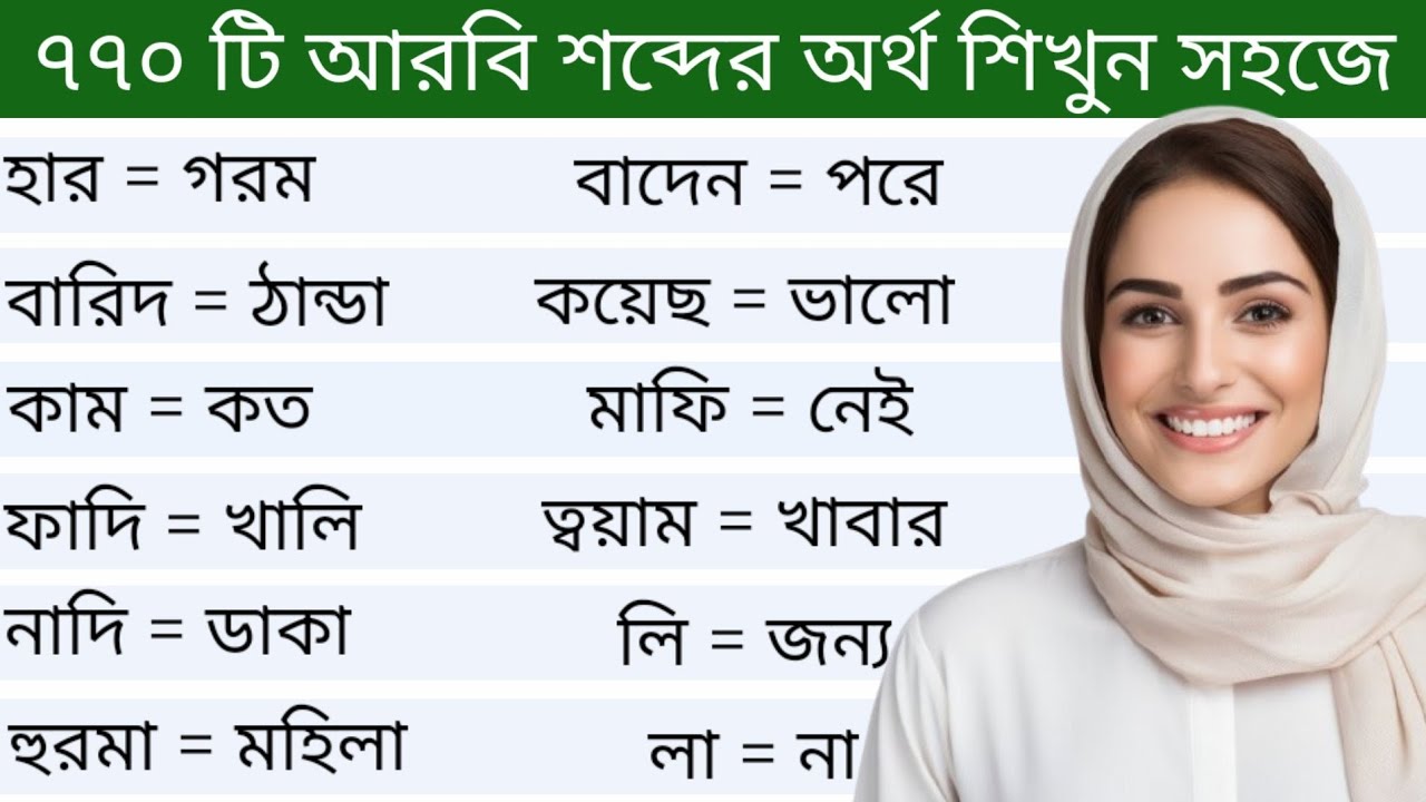 আরবি ভাষা শিক্ষা।। ৭৭০ টি আরবি শব্দের অর্থ ও বাংলা অর্থ শিখুন সহজে