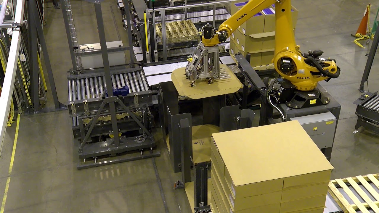 Robotic Case Palletizer with Transfer Car - Paper Products - BW Integrated Systems
