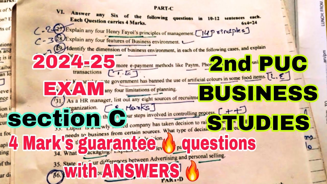 2nd PUC BUSINESS STUDIES 4 Mark's guarantee 🔥 questions with ANSWERS 🔥 ANNUAL EXAM 2024-25
