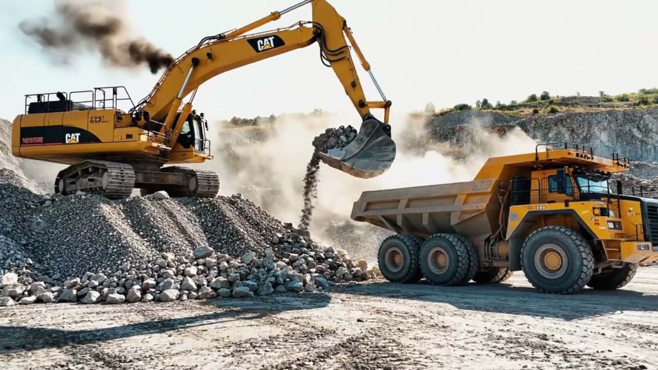 Caterpillar 385C Excavator Loading Dump Trucks in Massive Quarry - 4K