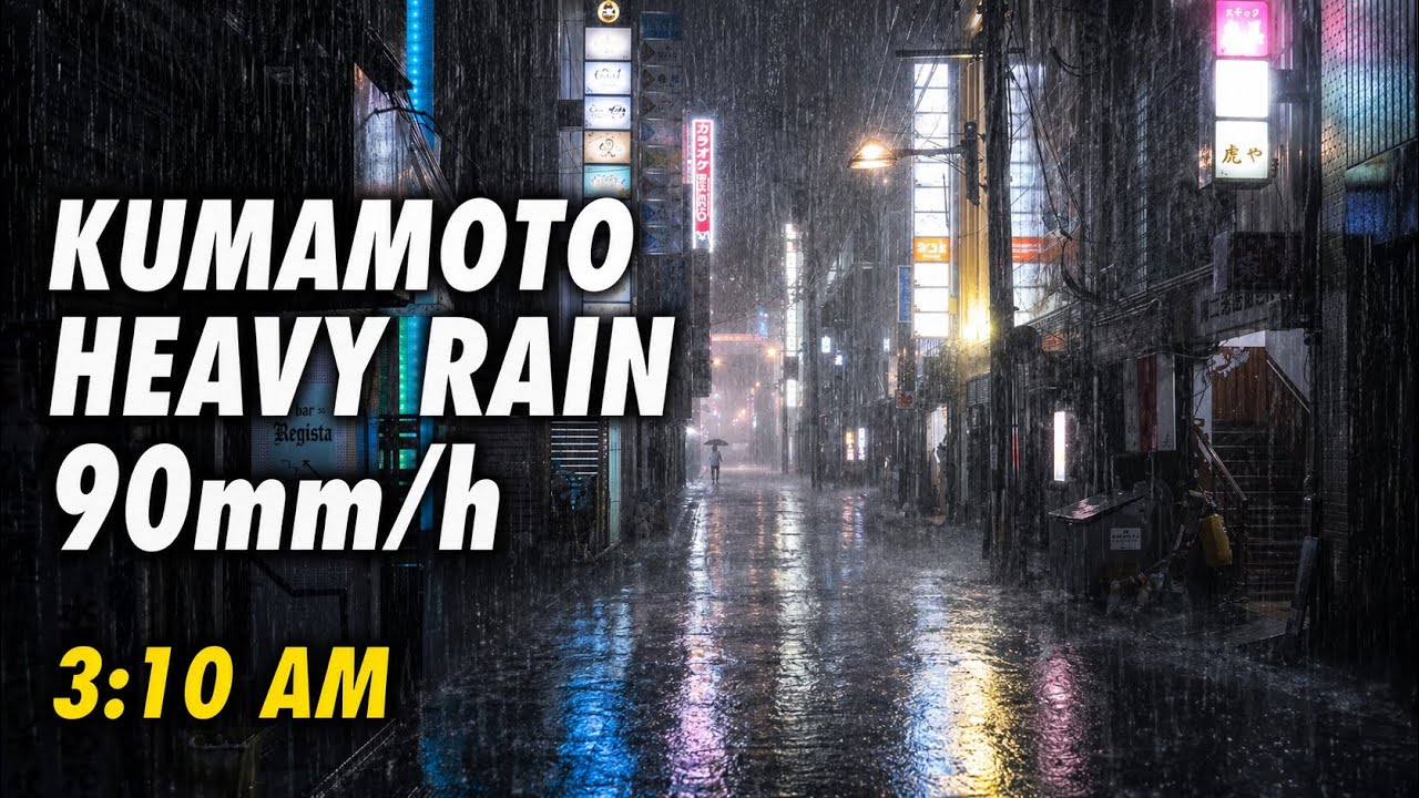 Extreme Heavy Rain in Kumamoto at 3:10 AM &mdash; 90mm/h Neon Streets [4K Binaural ASMR]