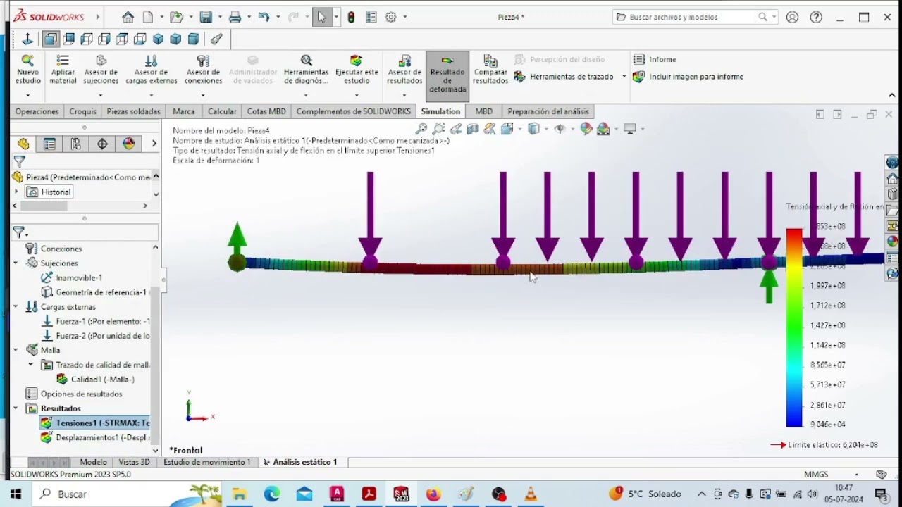 analisis estático de viga biapoyada usando SolidWorks.(reacciones, diagramas de cortante y momento)