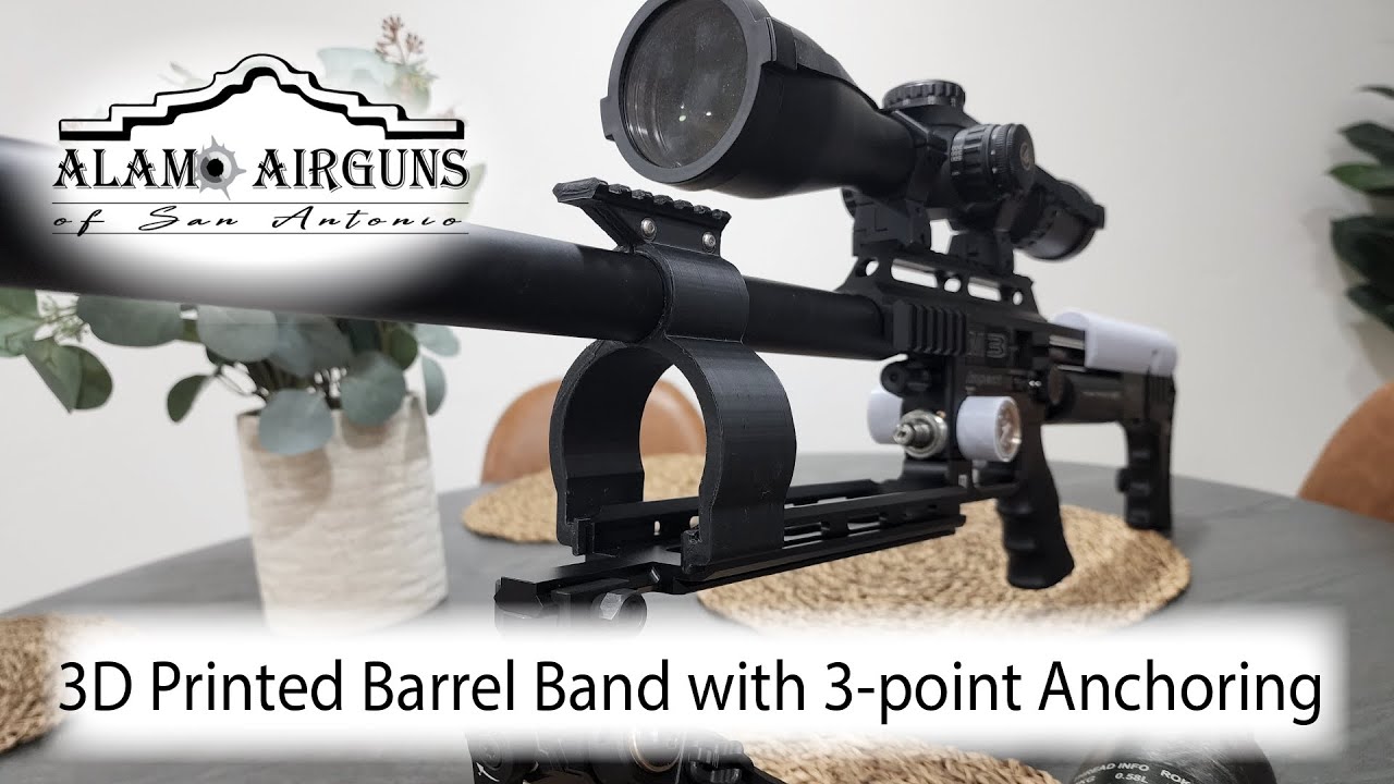 3D Printed barrel band with a 3-point anchor system and top rail.