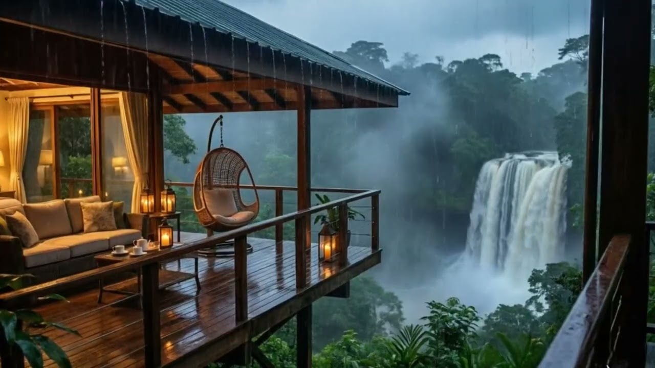 House in a tropical forest with a view of a waterfall | 3 Hours of Soothing Rain Sounds