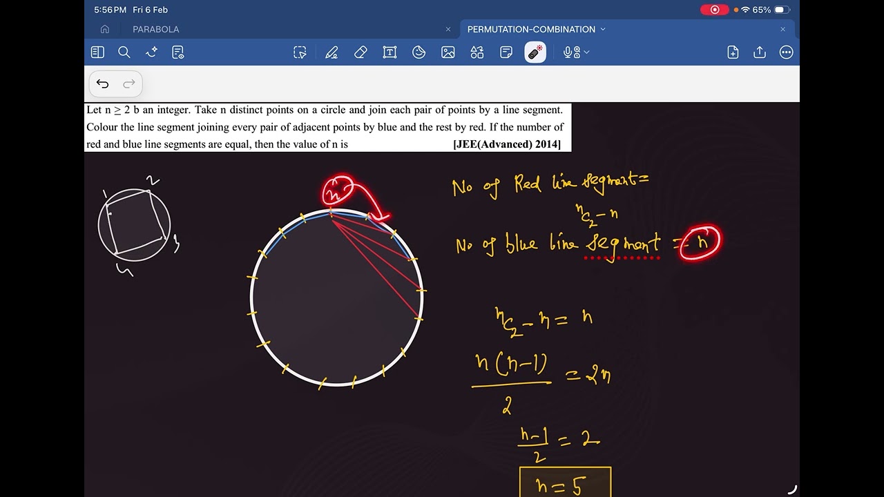 Let n integer. Take n distinct points on a circle and join each pair || JEE ADVANCED 2014|| #maths