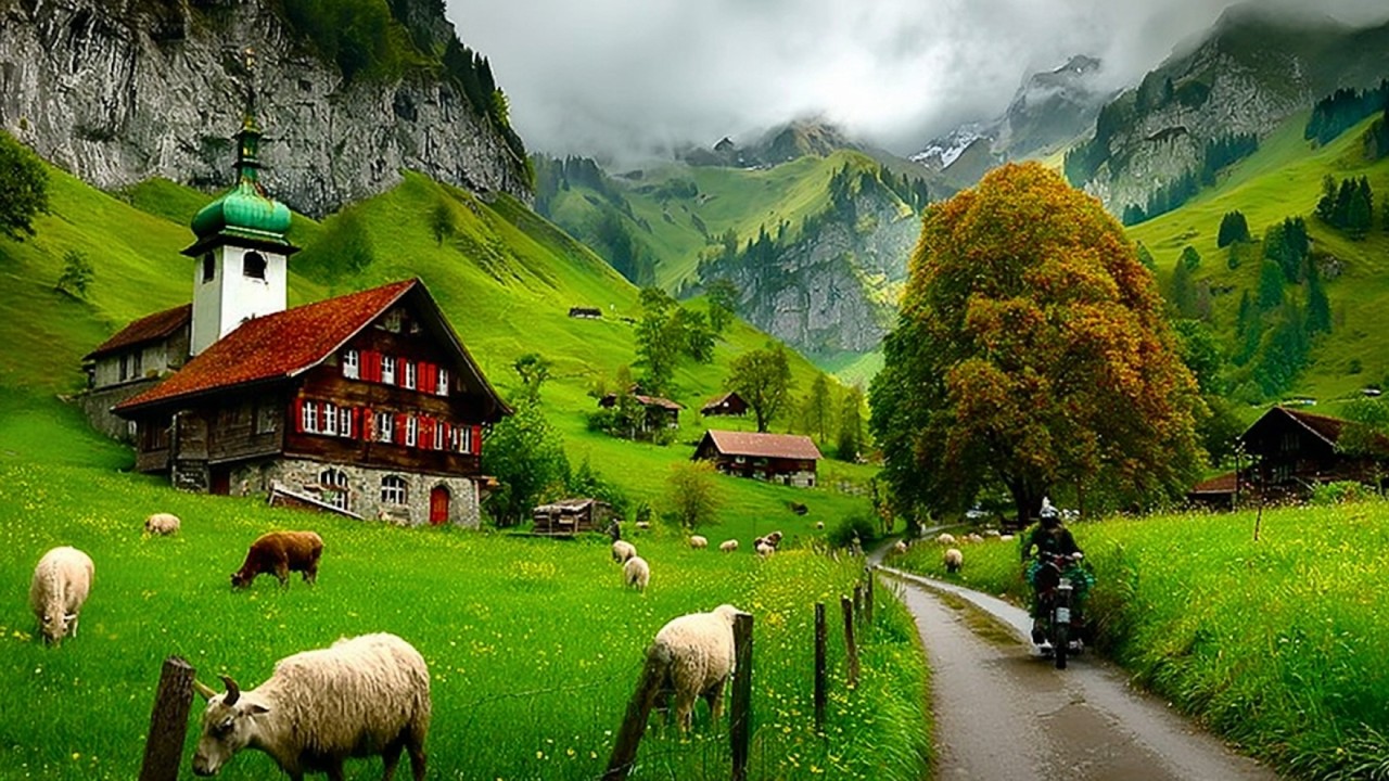 Heaven in Switzerland on a Rainy Morning: Milking Cows, Green Pastures in Alpine Villages