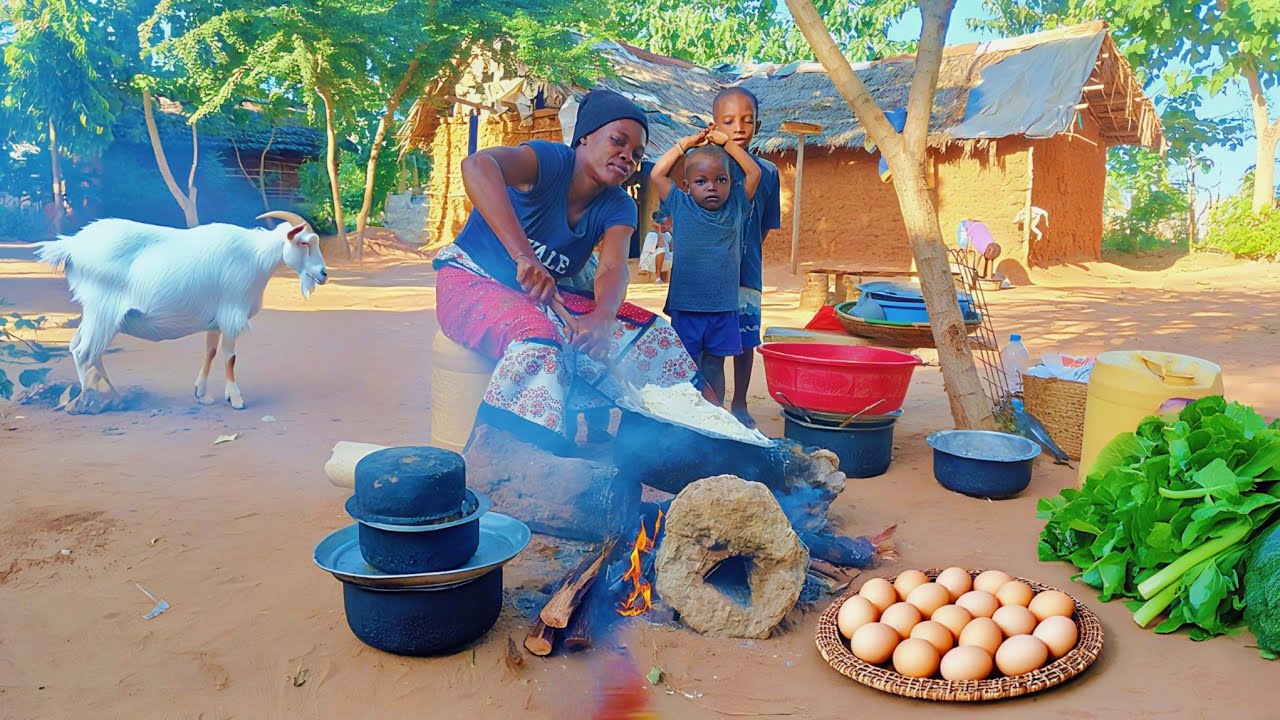 Quick & Easy African Dinner Recipe 🍲 | Fried Egg Curry, Greens & Ugali in the Village