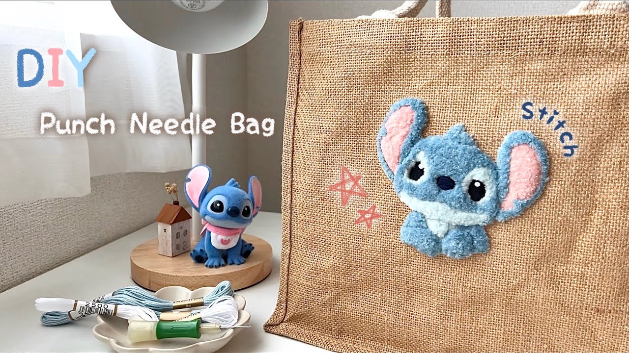 Stitch🩵 ジュートバックにパンチニードルでアレンジ👜🪡｜スティッチシリーズフィギュア