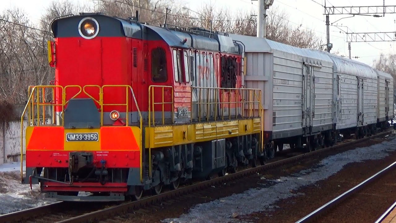 Тепловоз ЧМЭ3-3956 с четырьмя рефрижераторными вагонами, станция Электроугли