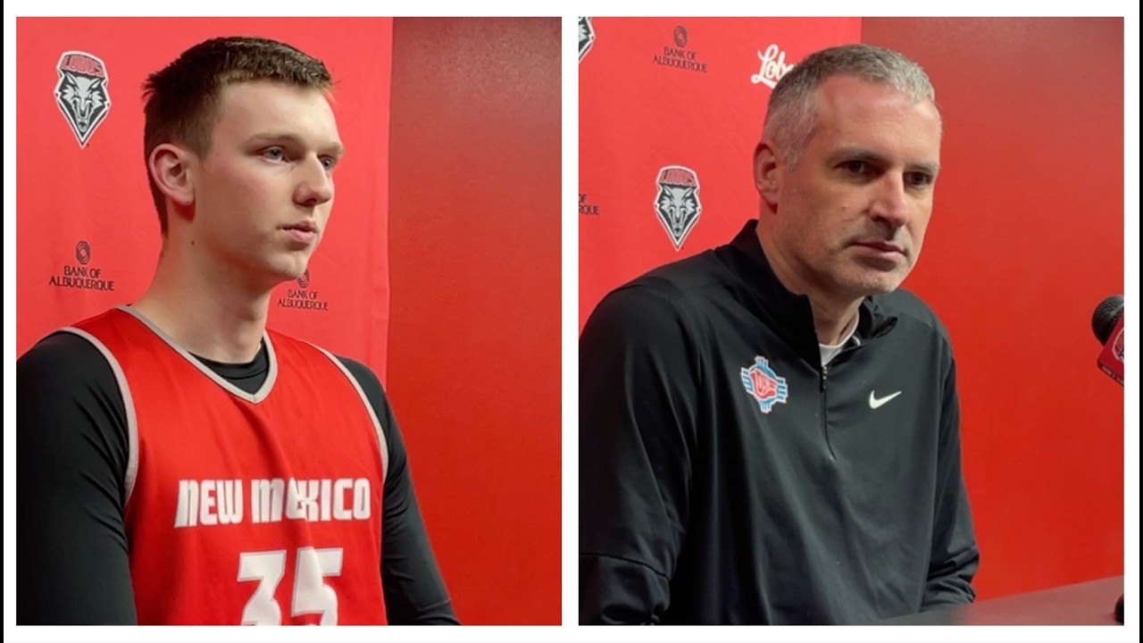 UNM Lobo basketball coach Eric Olen and center JT Rock talk to media on Monday, Feb. 16, 2026.