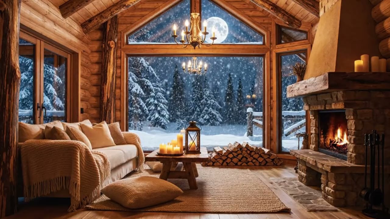 Snow Falling Outside Window & Fireplace Sounds ❄🔥 Cozy Cabin Night for Deep Sleep (No Music)
