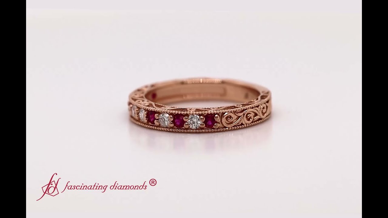 Vintage Pave Diamond Wedding Band With Ruby In 18K Rose Gold- FDENS3528B- Fascinating Diamonds