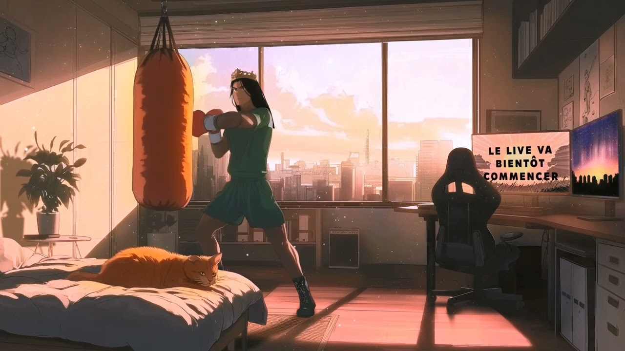 Anime Stream Starting Soon Animation | Boxer Training with City Sunset Vibes