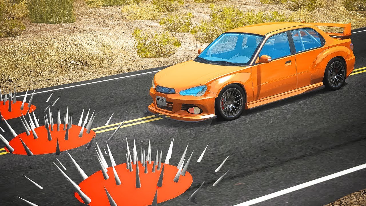 Cars Crashes into Spikes Ball Embedded in Road - BeamNG drive