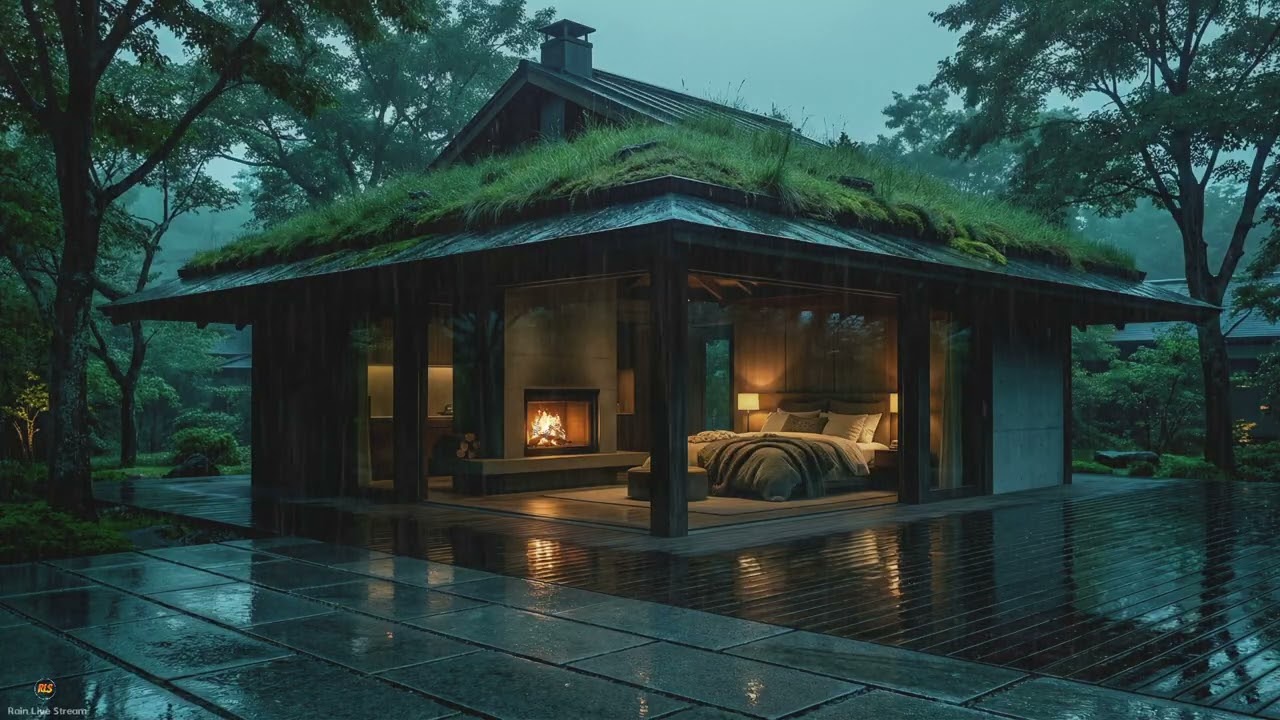 Soothing Afternoon Rain, Cozy Bed and Fireplace for Mental Solace in a Grass Roof Woodland Cradle