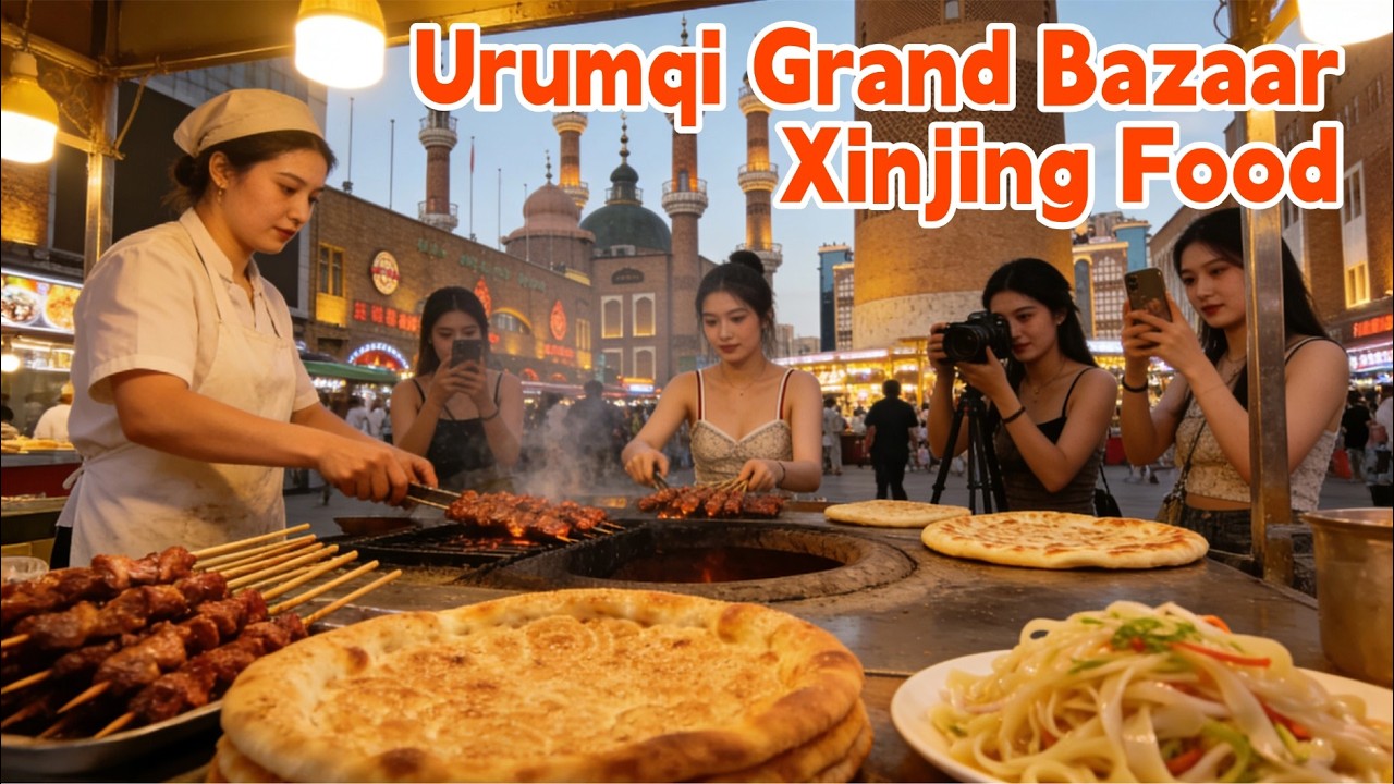 Amazing Xinjiang Food! Juicy lamb skewers, giant naan, fragrant pilaf at Urumqi Grand Bazaar