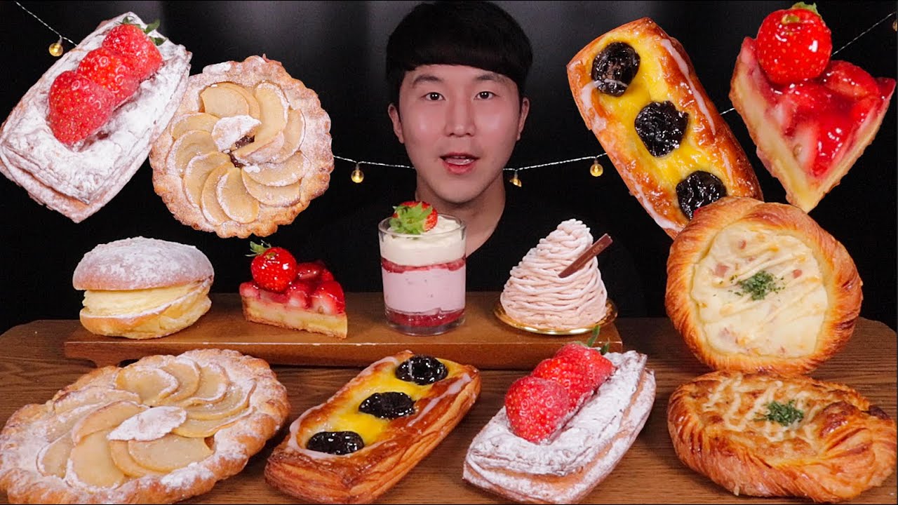 [SUB]딸기 타르트, 몽블랑 케이크, 포테이토& 참치 크루아상 먹방 (Strawberry Tart, Montblanc Cake, Potato Croissant )#MUKBANG
