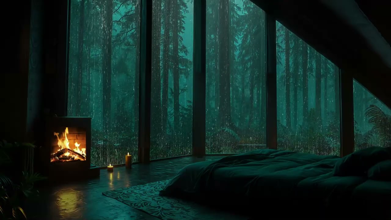 FALL ASLEEP FAST: Heavy Rain Outside a Forest Cabin 🌧 Warm Fireplace Crackling for Sleep, Study