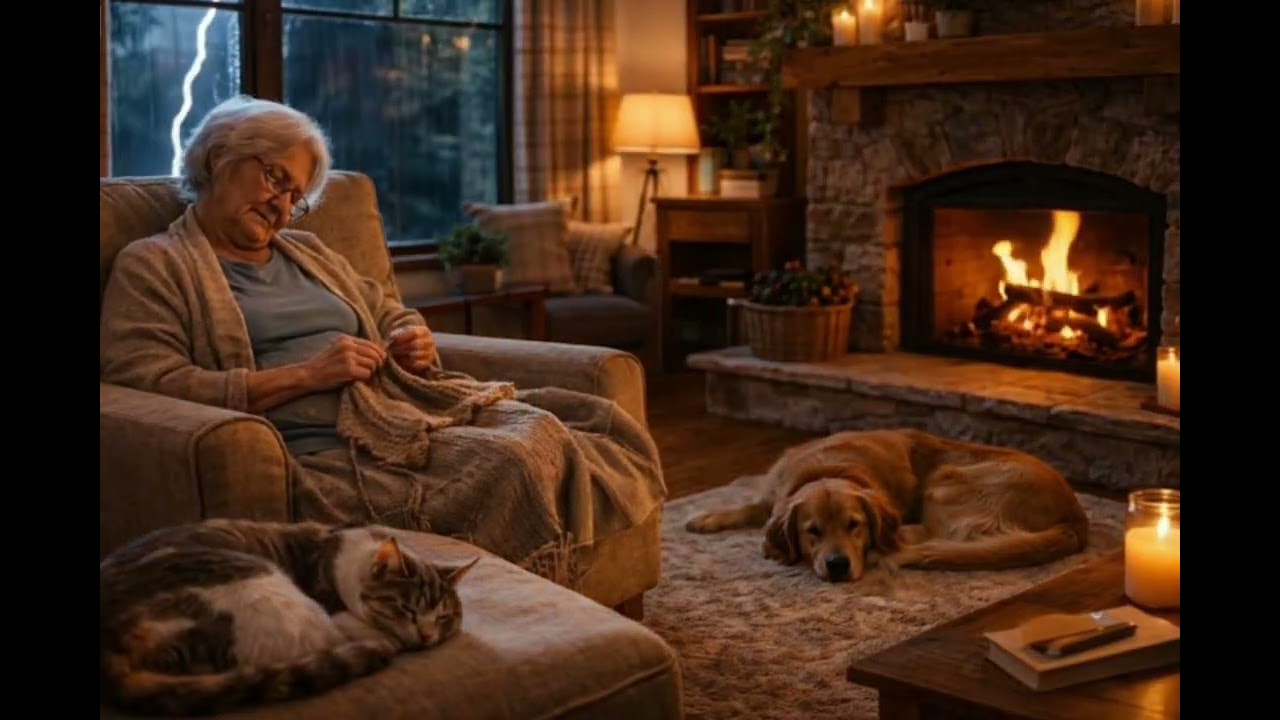 Grandma Napping by the Fireplace | Rainy Evening Cabin Ambience | Cat, Dog & Cozy Storm Sounds