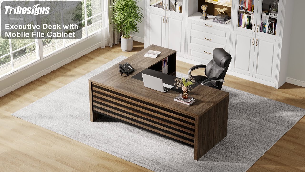 Tribesigns L-Shaped Executive Desk with Mobile File Cabinet - NY177