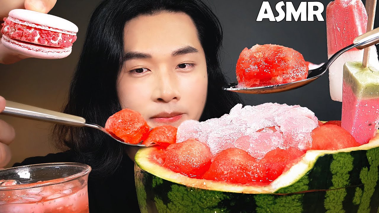 ASMR WATERMELON PUNCH ICE CREAM melancia sandía semangka COOKING & EATING SOUNDS MUKBANG