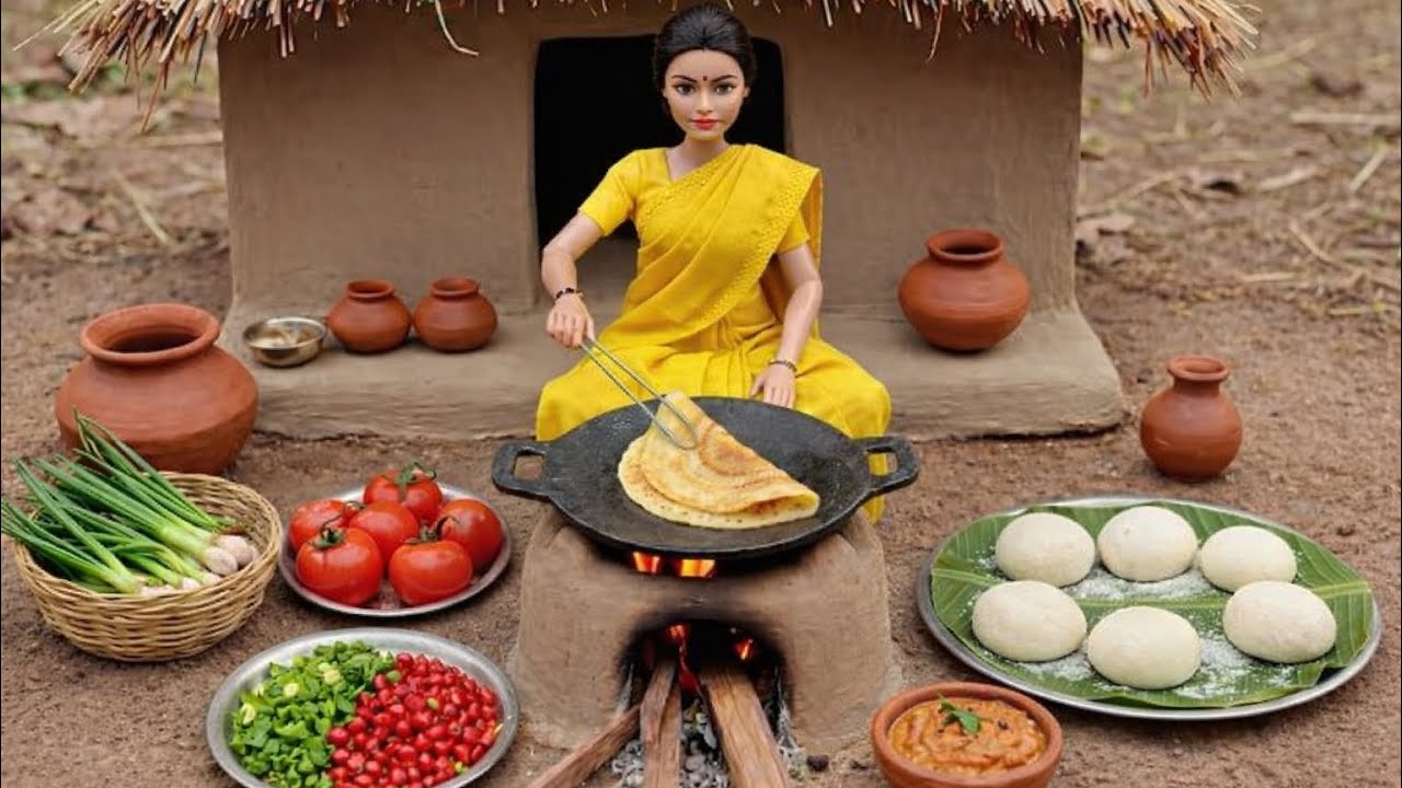 Miniature Doll Masala Dosa + Coconut Chutney Cooking ASMR | Tiny Kitchen in an Indian Village