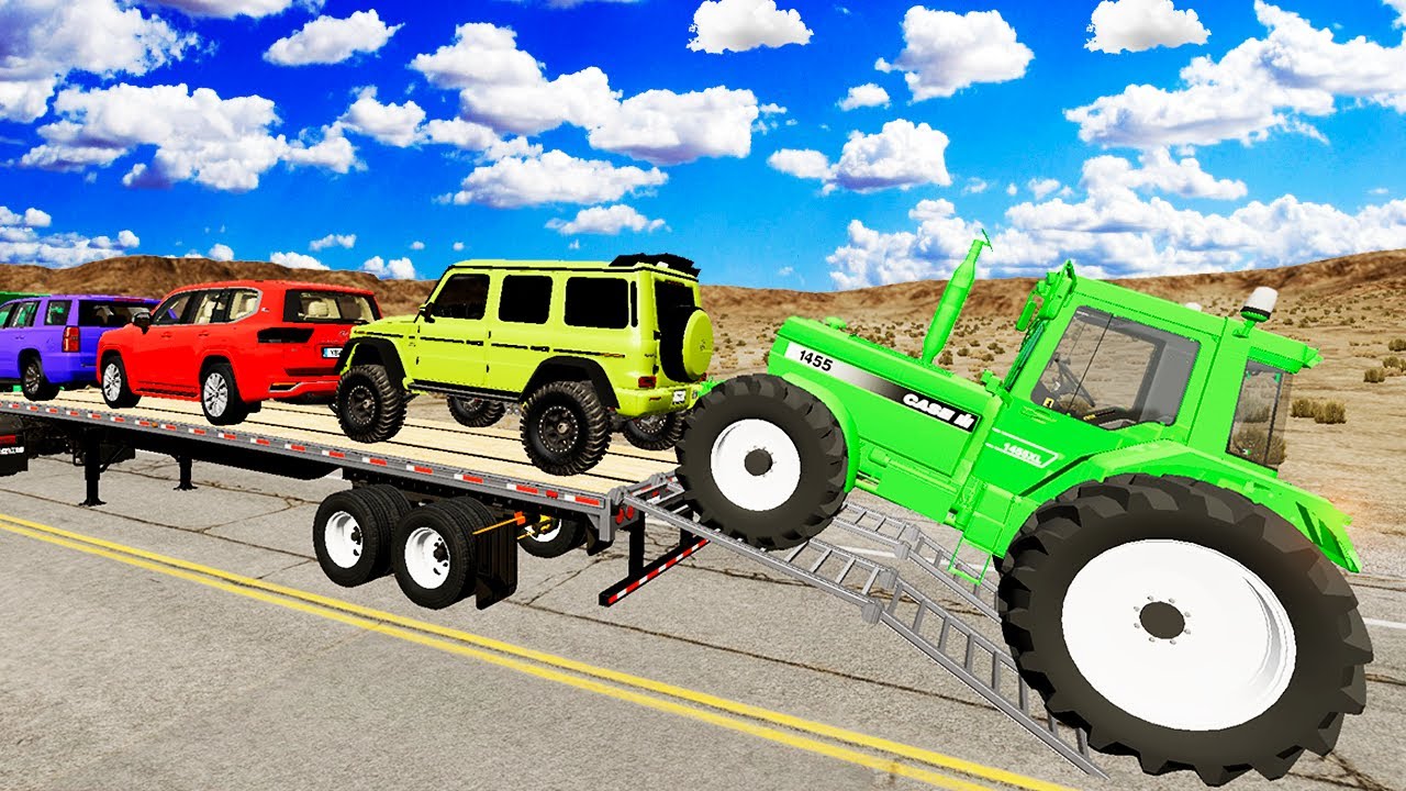 TRANSPORTING PIXAR CARS & FRUITS WITH COLORED & JOHN DEERE vs CLAAS vs TRACTORS - BeamNG.drive #983