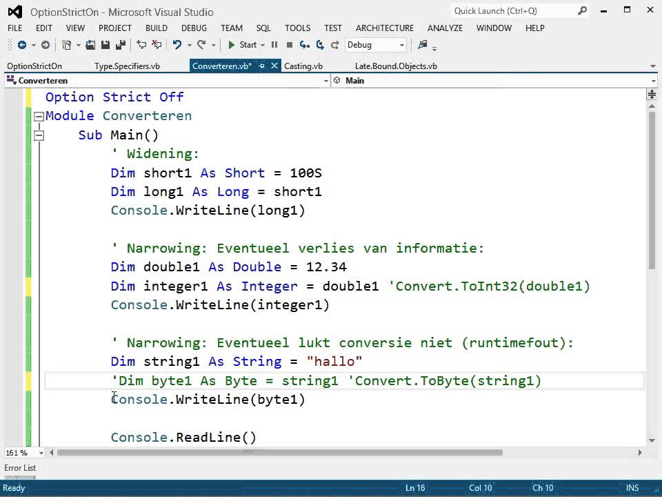 Visual Basic: Compiler Opties: Option Strict: Converteren