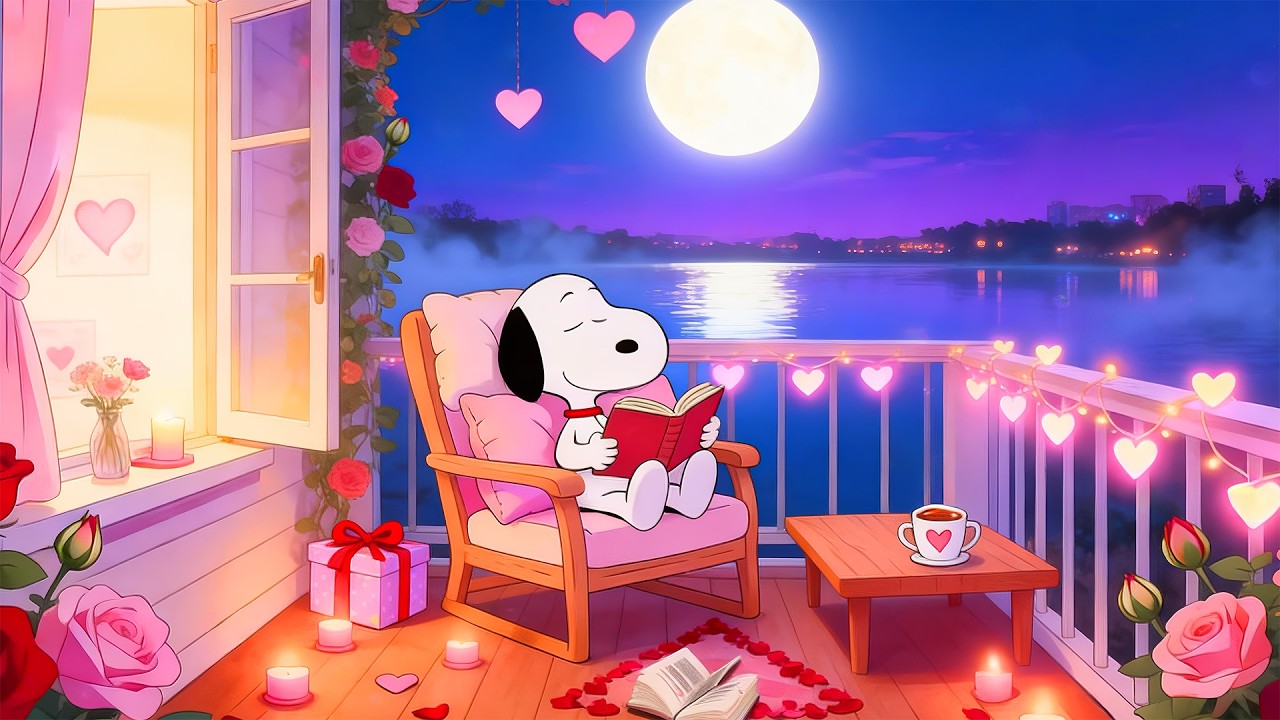 Snoopy’s Valentine Night Balcony 🌙 Relaxing Soft Lofi Music 💕 Happy Valentine’s Day Vibes