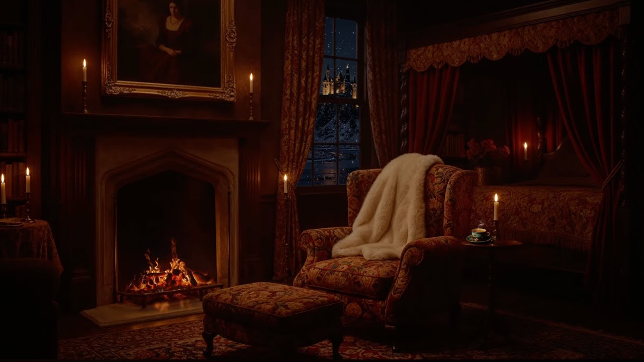 Snowy Manor Bedroom Fireplace 🔥 Cozy Victorian Winter ambiance for Sleep & Reading