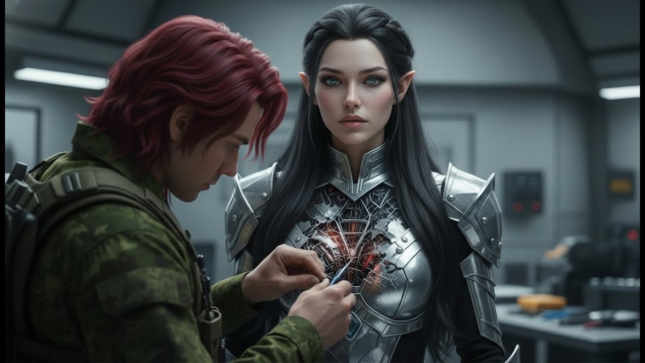 While the Human Repairs Her Damaged Armor, the Alien Commander Orders Everyone Else to Step Back