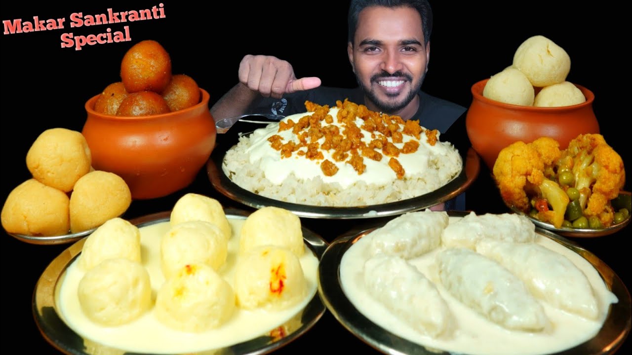 Eating Rasgulla, Gulab Jamun, Rasmalai, Dudh Puli Pitha, Dahi Chira & Gobi Matar Sabji Mukbang