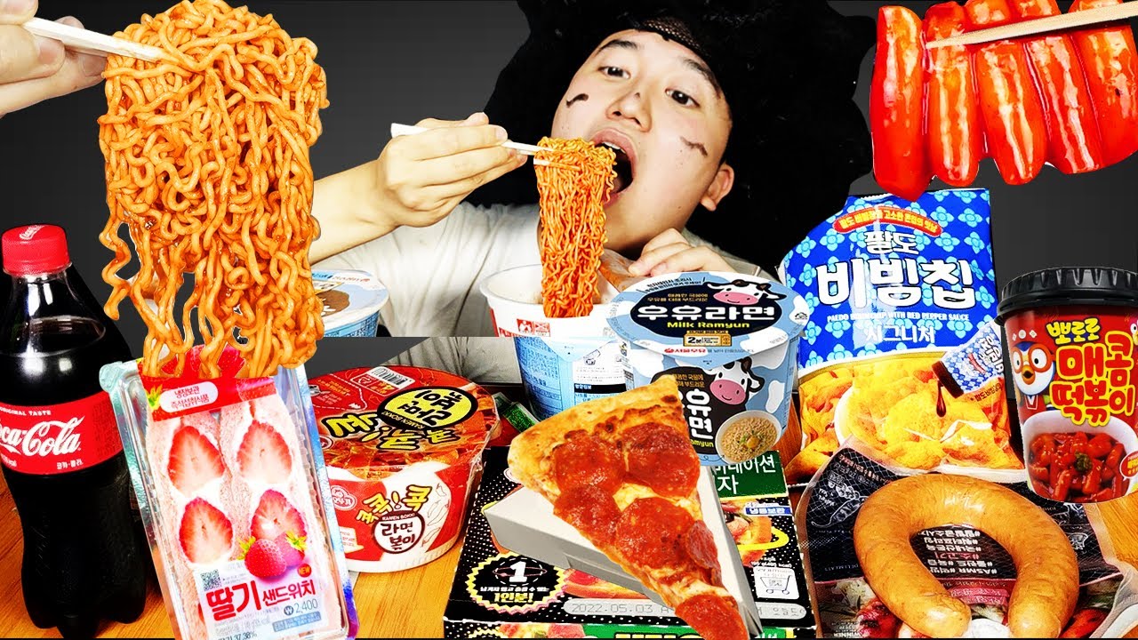 MUKBANG | Круглосуточный магазин Домашняя острая пицца с раменом ттеокбокки Кимбап, мукбанг и рецепт