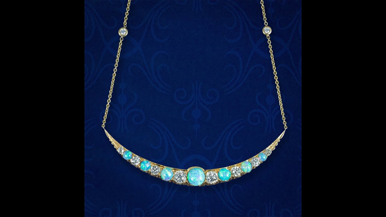 Antique Victorian Opal Diamond Necklace Crescent Moon 18ct Gold With Box