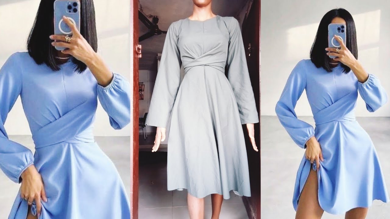 how to cut and sew a draped wrap tie waist  flare dress