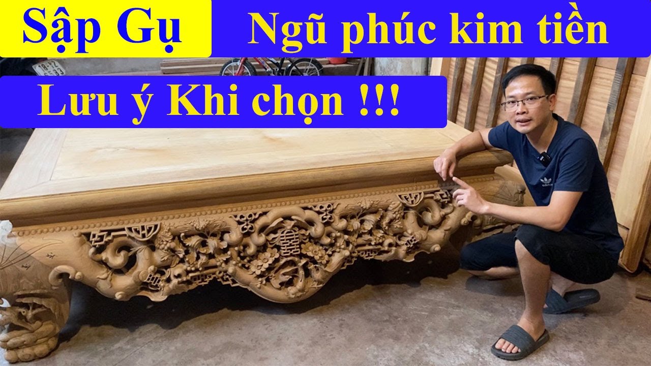 Sập gụ ngũ phúc kim tiền hàng chuẩn chất gỗ gụ