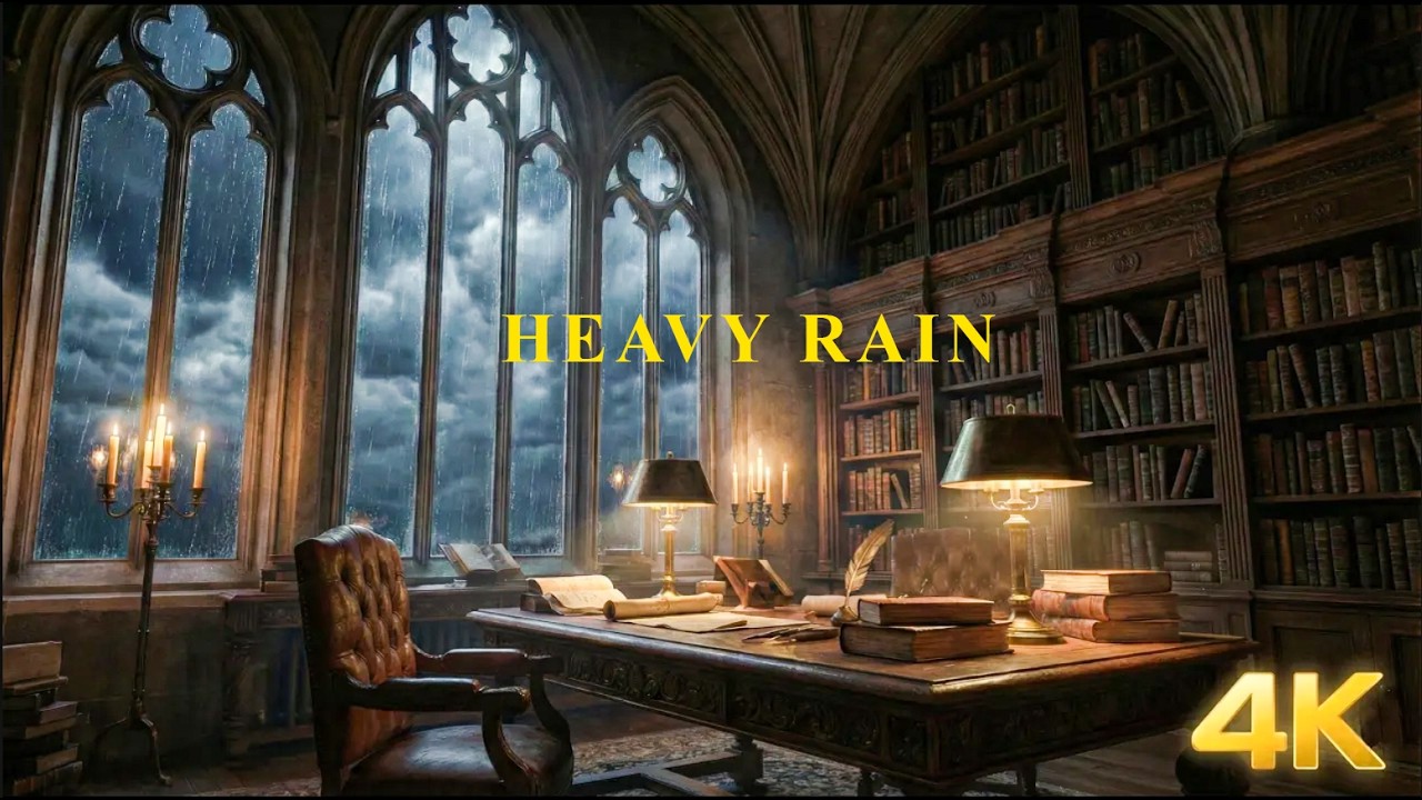 4K Dark Academia Library with Heavy Rain & Thunderstorm ⛈️ Study, Sleep, Focus