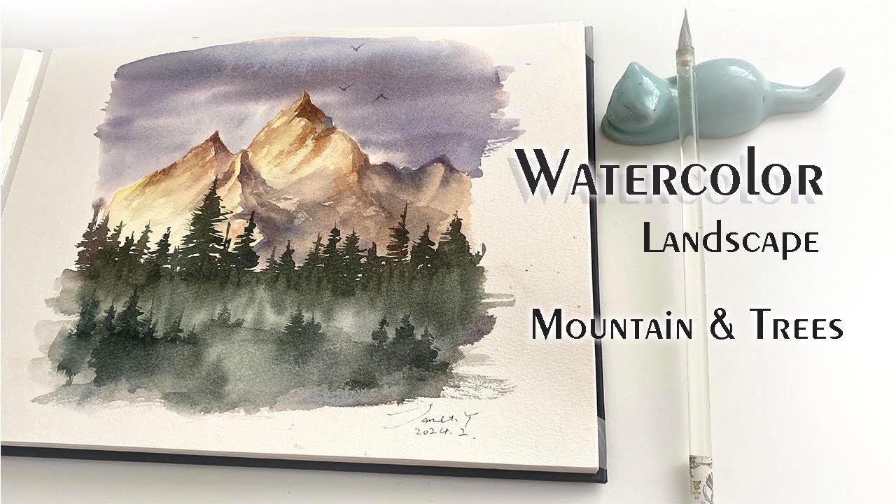 watercolor mountains and trees painting process