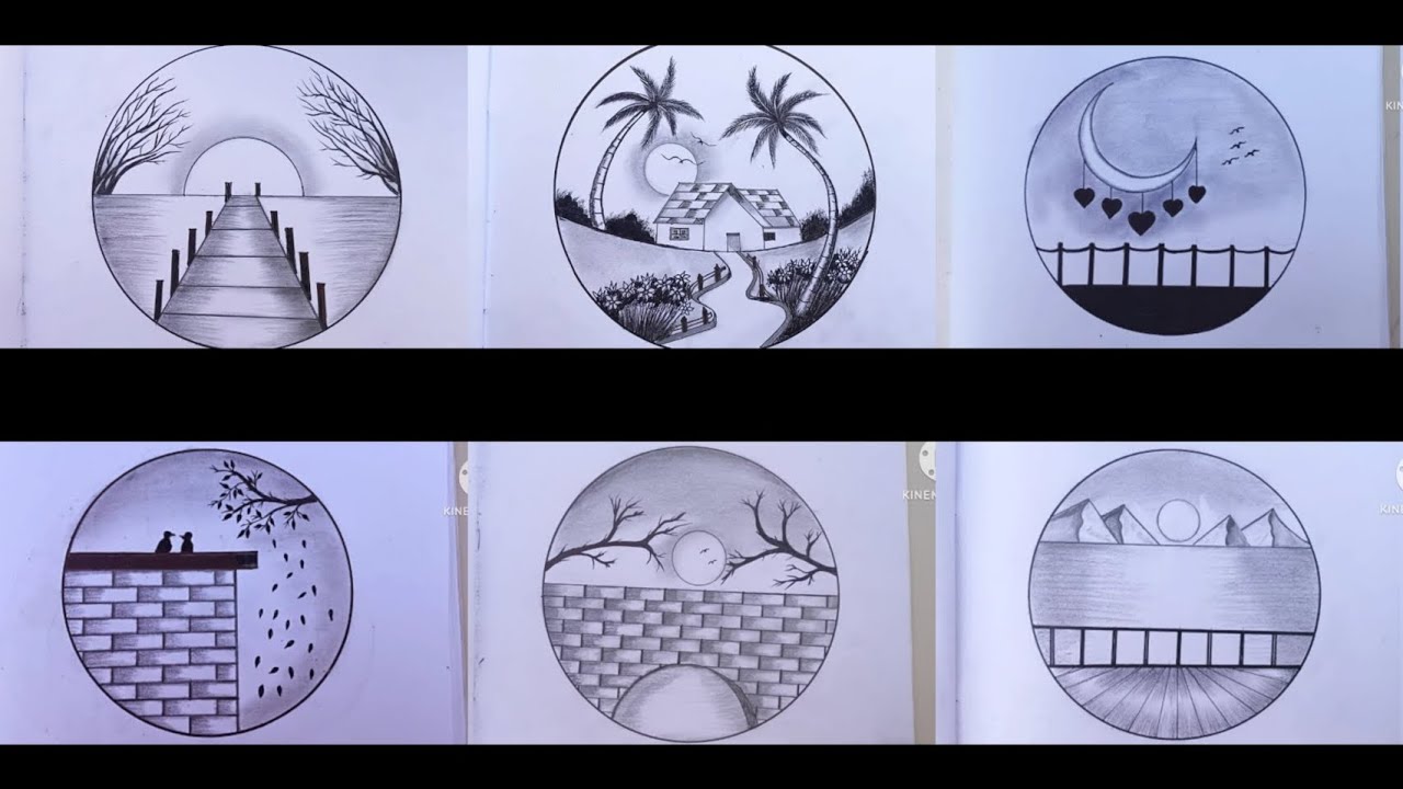 Easy 6 Circle Scenery Drawing Ideas / Pencil Drawing / Circle Drawing Scenery / Nature Landscape