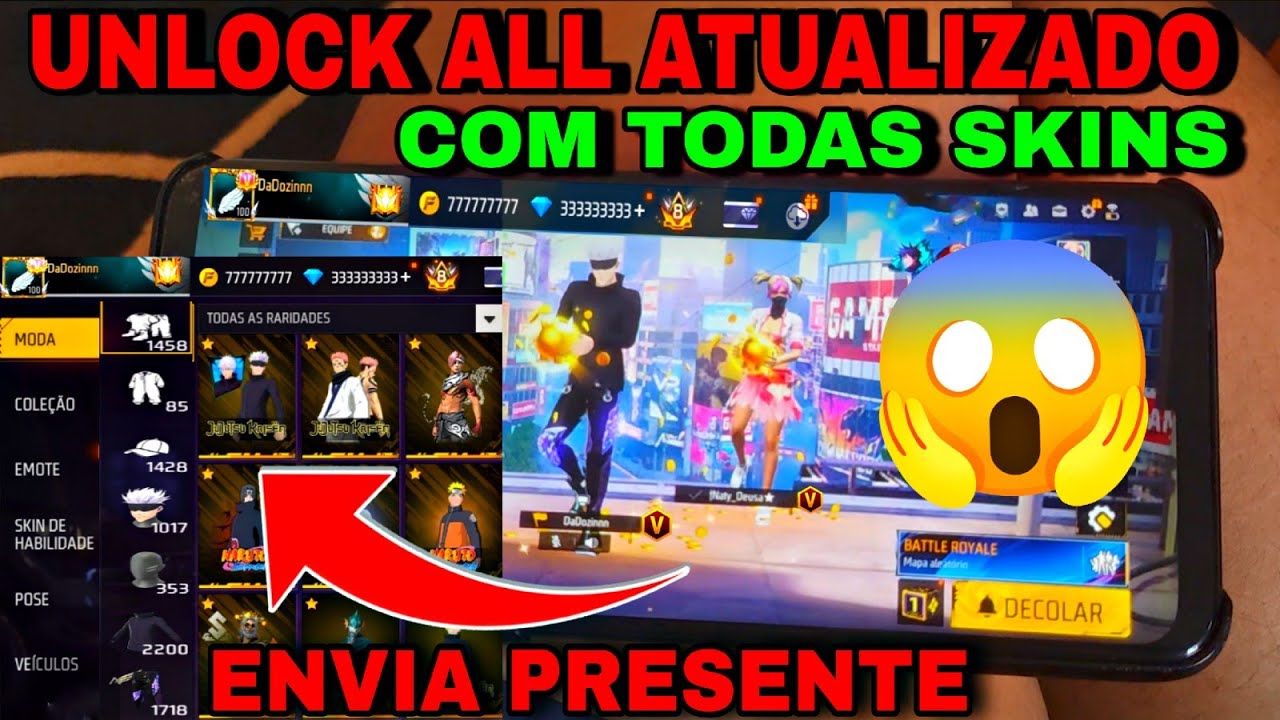 ATUALIZOU! UNLOCK ALL COM TODAS SKINS DO FREE FIRE 😱 UNLOCK ALL ATUALIZADO FUNCIONANDO ( SEM BUG )