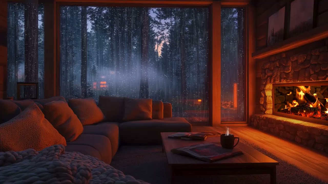 Cozy Night with Heavy Rain and Warm Fireplace Sounds for Deep Sleep and Calm Relaxation