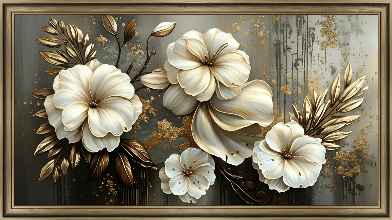 Luxury Gold & White Floral Art for Frame TV | Elegant Modern Wall Display 4K