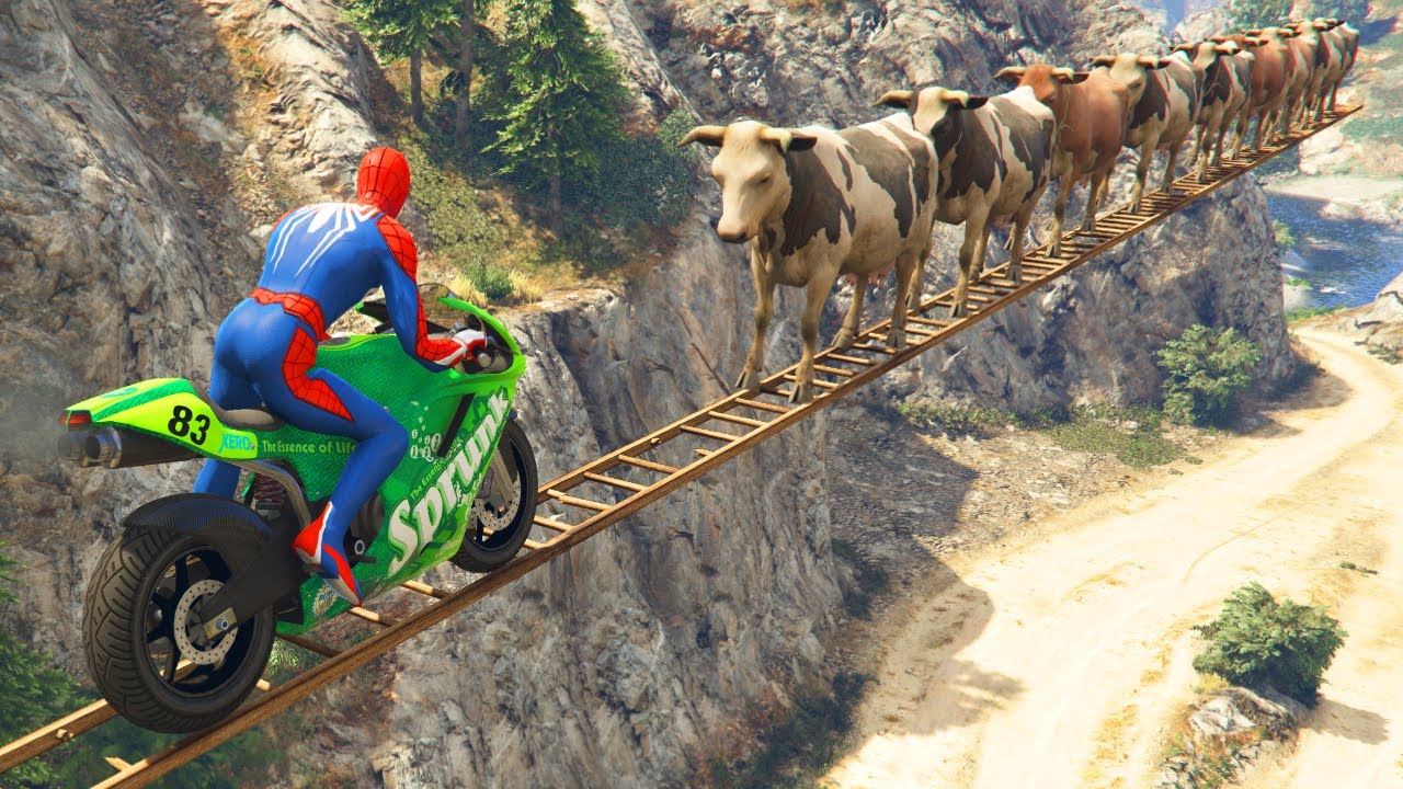 سبايدرمان باركور جسر البقر 🐮 Spider-Man Drive Over Cows Bridge Parkour - GTA 5
