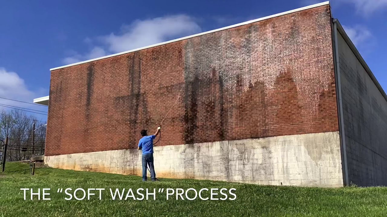 Soft Washing a Brick Commercial Building