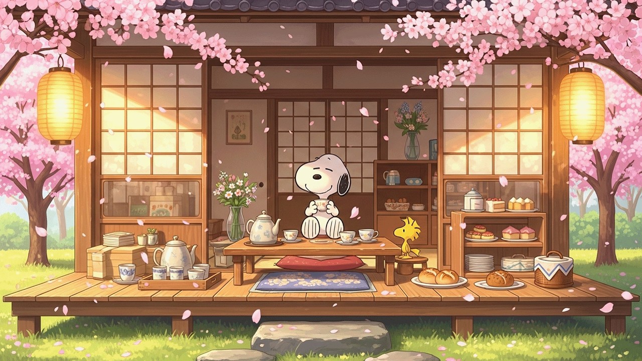 Snoopy Spring Morning Tea ☕ Soft Piano Lofi for Study & Relax