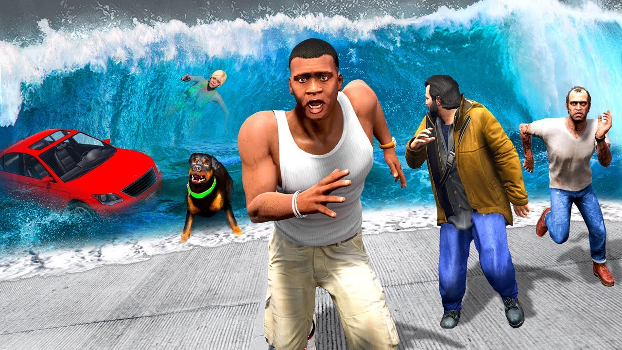 Майкл, Тревор и Франклин в ЦУНАМИ в GTA 5!