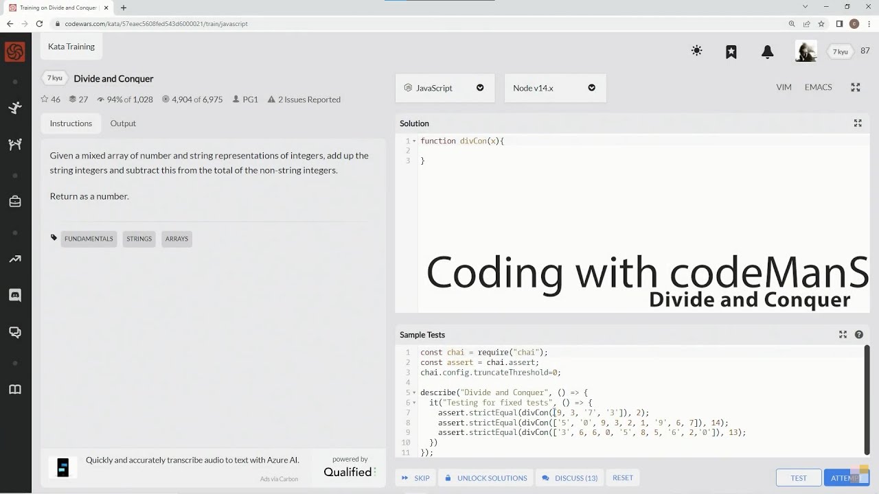 Codewars 7 kyu Divide and Conquer JavaScript