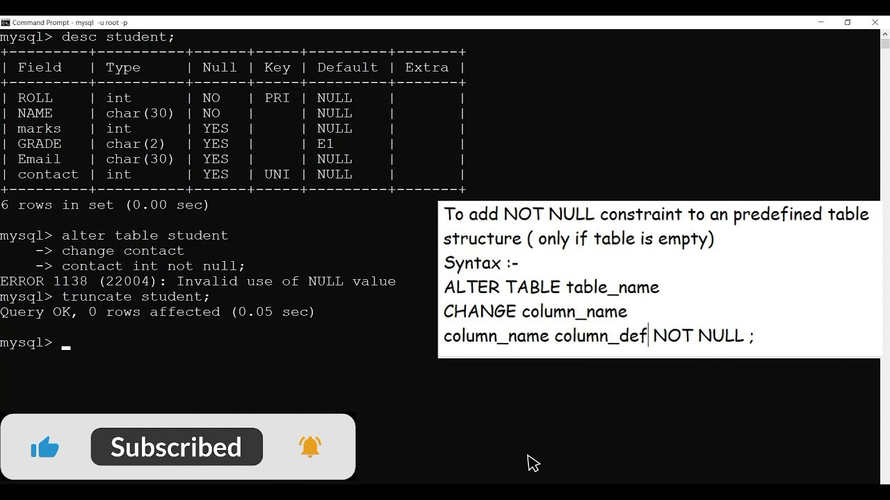 How to ADD NOT NULL Constraint in a column of a predefined TABLE in MySQL | SQL | Oracle